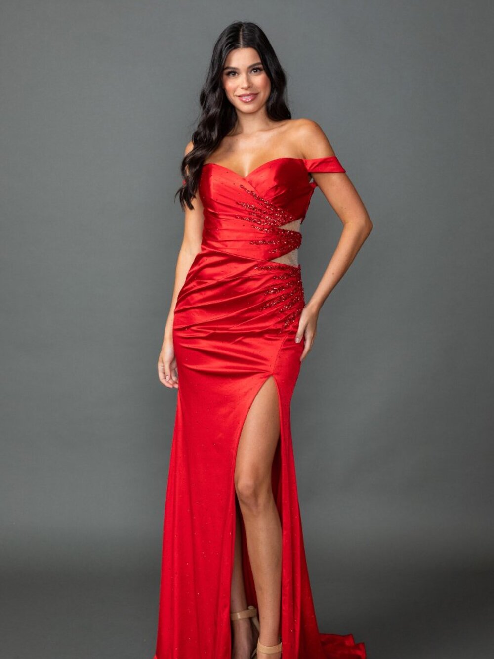 New Red Off Shoulder Festive Elegant Evening Gown w/ Crystal Beading DQ 4563